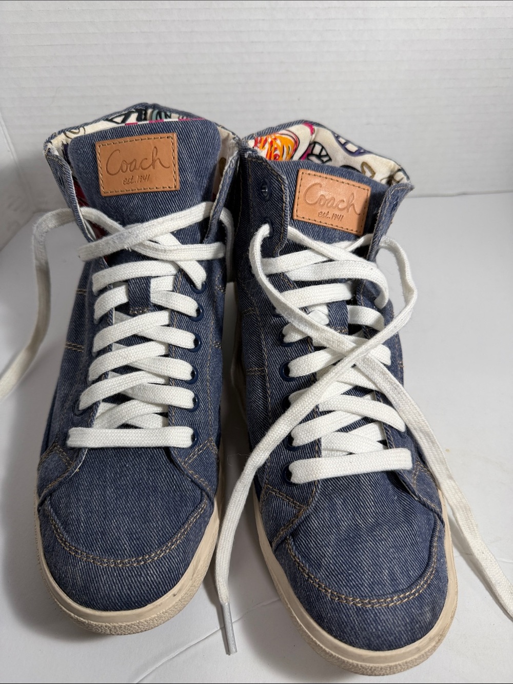 Coach women’s Denim High-Top Sneakers with White Laces